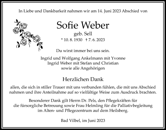 Traueranzeige von Sofie Weber von Bad Vilbel/Karben