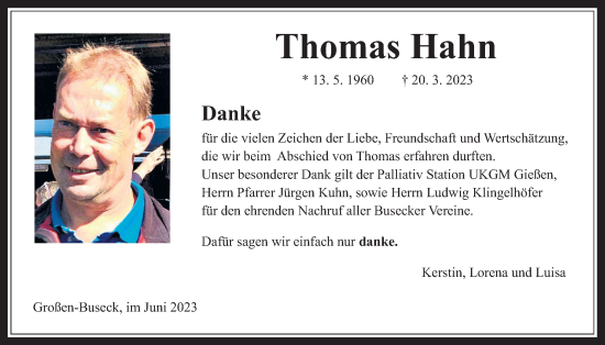 Traueranzeige von Thomas Hahn von Giessener Allgemeine, Alsfelder Allgemeine, Giessener Anzeiger