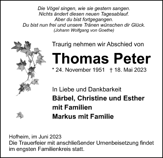 Traueranzeige von Thomas Peter 