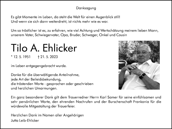Traueranzeige von Tilo A. Ehlicker von Giessener Allgemeine, Alsfelder Allgemeine, Giessener Anzeiger