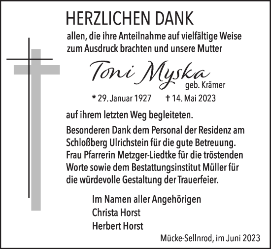 Traueranzeige von Toni Myska von Mücker Stimme