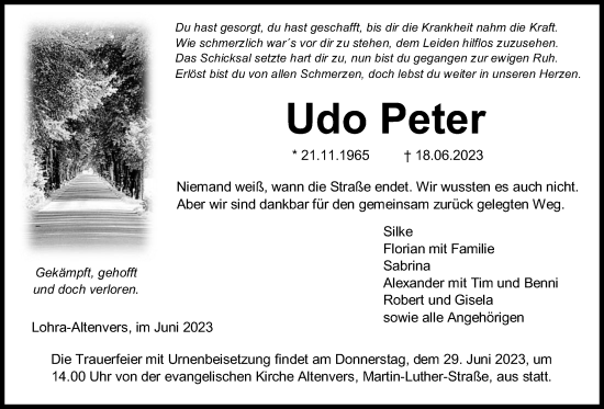 Traueranzeige von Udo Peter von Giessener Allgemeine, Alsfelder Allgemeine