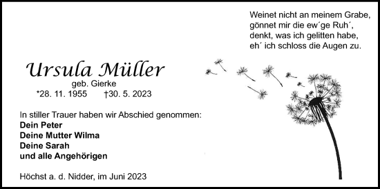 Traueranzeige von Ursula Müller von Kreis-Anzeiger
