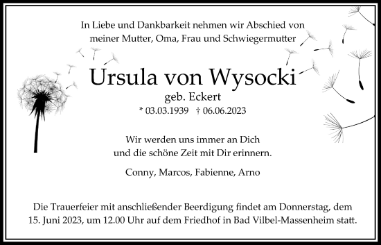Traueranzeige von Ursula von Wysocki von Bad Vilbel/Karben
