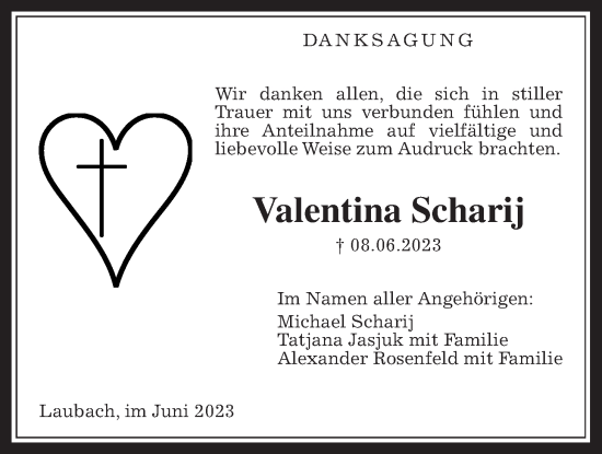 Traueranzeige von Valentina Scharij von Laubacher Anzeiger