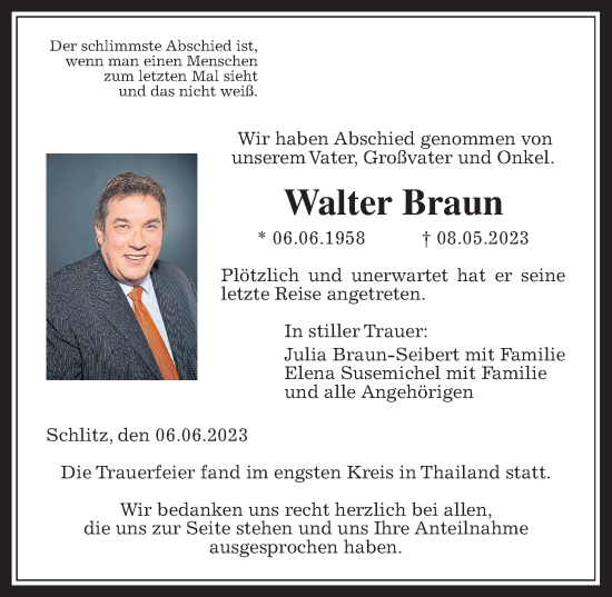 Traueranzeige von Walter Braun von Alsfelder Allgemeine