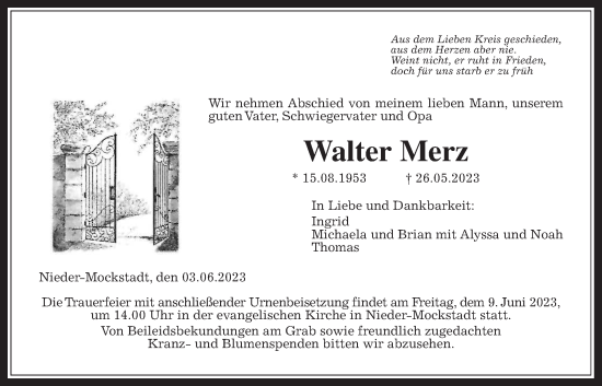 Traueranzeige von Walter Merz von Wetterauer Zeitung