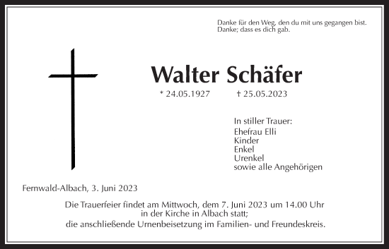 Traueranzeige von Walter Schäfer von Giessener Allgemeine, Alsfelder Allgemeine