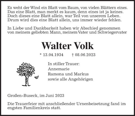 Traueranzeige von Walter Volk von Giessener Allgemeine, Alsfelder Allgemeine