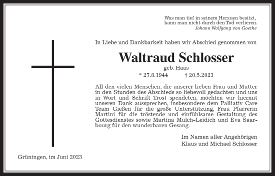 Traueranzeige von Waltraud Schlosser von Pohlheimer Nachrichten