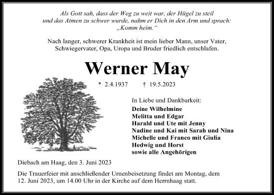 Traueranzeige von Werner May von Kreis-Anzeiger