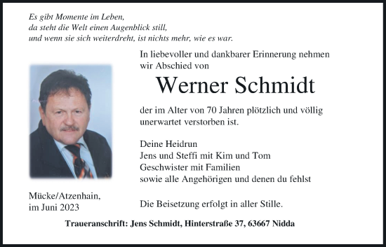 Traueranzeige von Werner Schmidt von Giessener Allgemeine, Alsfelder Allgemeine