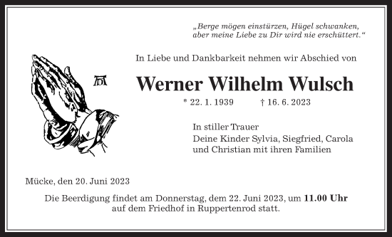 Traueranzeige von Werner Wilhelm Wulsch von Alsfelder Allgemeine