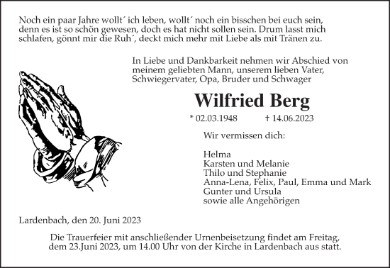 Traueranzeige von Wilfried Berg von Giessener Allgemeine, Alsfelder Allgemeine