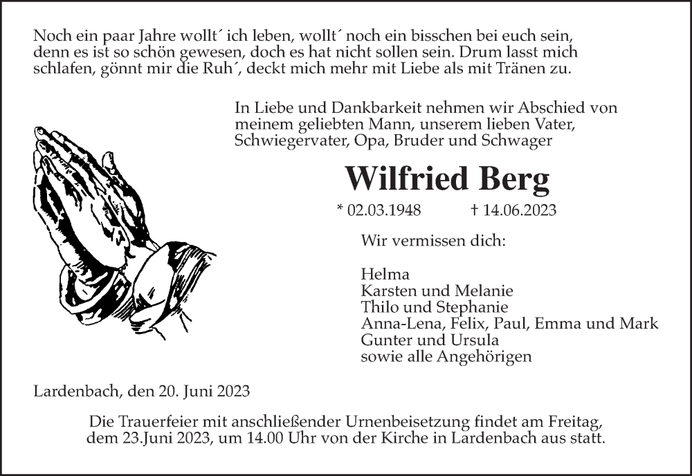  Traueranzeige für Wilfried Berg vom 20.06.2023 aus Giessener Allgemeine, Alsfelder Allgemeine