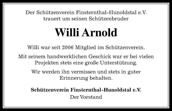 Traueranzeige von Willi Arnold von Usinger Anzeiger