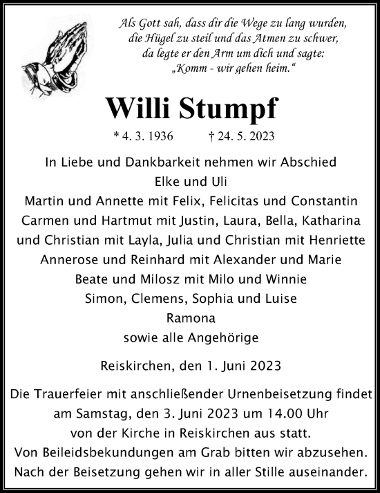 Traueranzeige von Willi Stumpf von Giessener Anzeiger