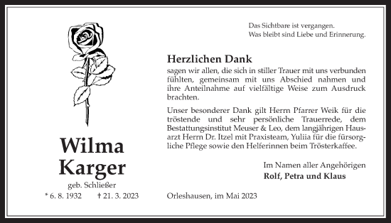 Traueranzeige von Wilma Karger von Kreis-Anzeiger