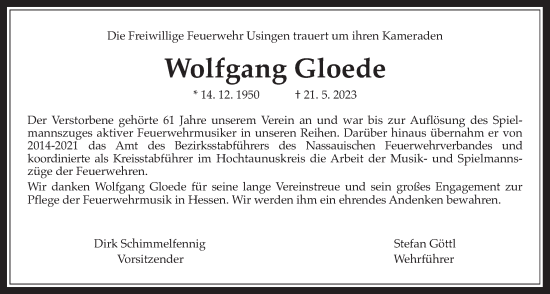 Traueranzeige von Wolfgang Gloede von Usinger Anzeiger