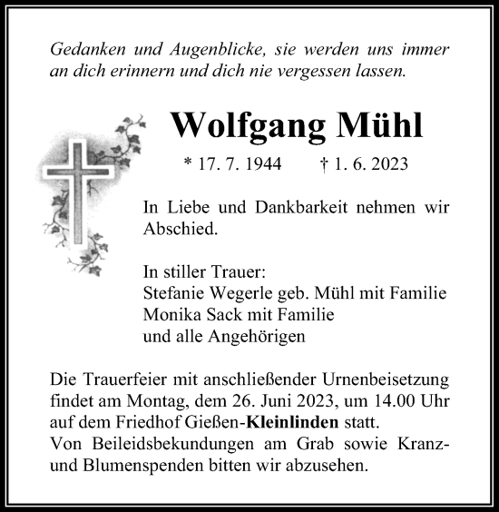 Traueranzeige von Wolfgang Mühl von Giessener Allgemeine, Alsfelder Allgemeine, Giessener Anzeiger