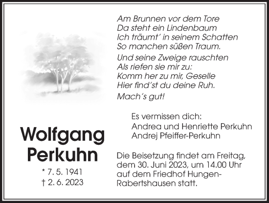 Traueranzeige von Wolfgang Perkuhn von Licher Wochenblatt