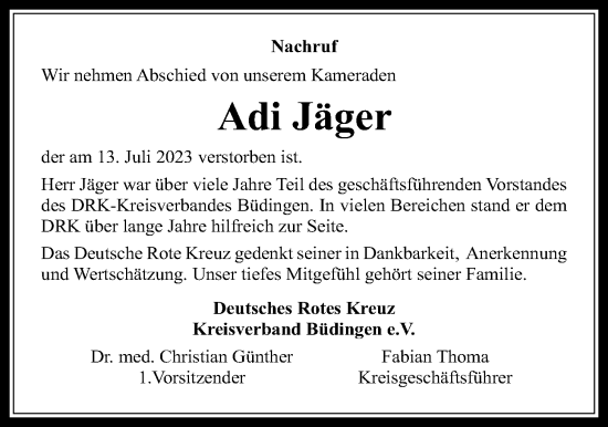 Traueranzeige von Adi Jäger von Kreis-Anzeiger