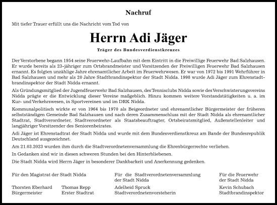 Traueranzeige von Adi Jäger von Kreis-Anzeiger