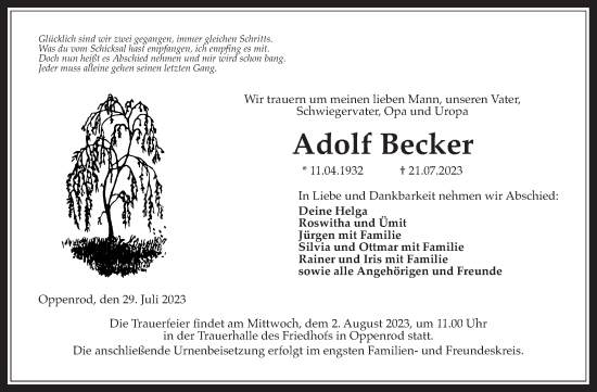 Traueranzeige von Adolf Becker von Giessener Anzeiger, Giessener Allgemeine, Alsfelder Allgemeine