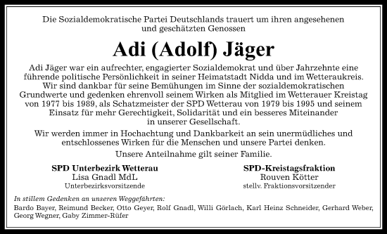 Traueranzeige von Adolf Jäger von Kreis-Anzeiger