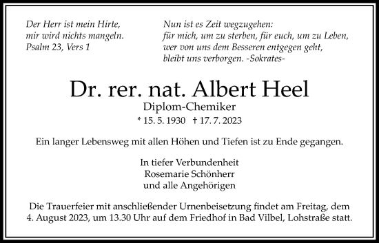 Traueranzeige von Albert Heel von Karbener Zeitung, Bad Vilbeler Anzeiger