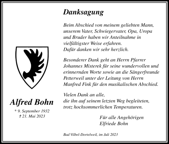 Traueranzeige von Alfred Bohn von Bad Vilbel/Karben