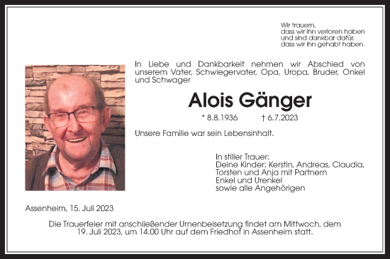Traueranzeige von Alois Gänger von Wetterauer Zeitung