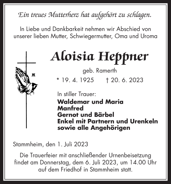 Traueranzeige von Aloisia Heppner von Wetterauer Zeitung