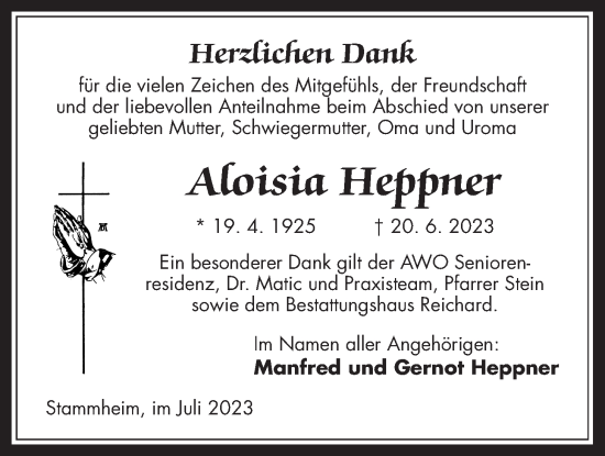 Traueranzeige von Aloisia Heppner von Wetterauer Zeitung