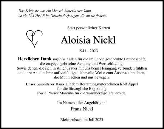 Traueranzeige von Aloisia Nickl von Kreis-Anzeiger