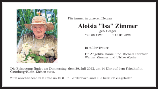 Traueranzeige von Aloisia Zimmer von Giessener Allgemeine, Alsfelder Allgemeine