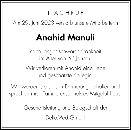 Traueranzeige von Anahid Manuli von Wetterauer Zeitung