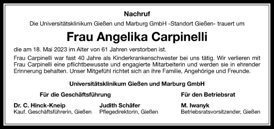 Traueranzeige von Angelika Carpinelli von Giessener Allgemeine, Alsfelder Allgemeine