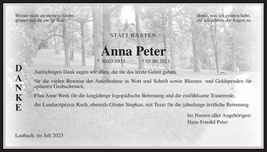 Traueranzeige von Anna Peter von Laubacher Anzeiger