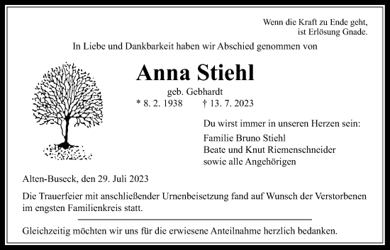 Traueranzeige von Anna Stiehl von Giessener Allgemeine, Alsfelder Allgemeine, Giessener Anzeiger