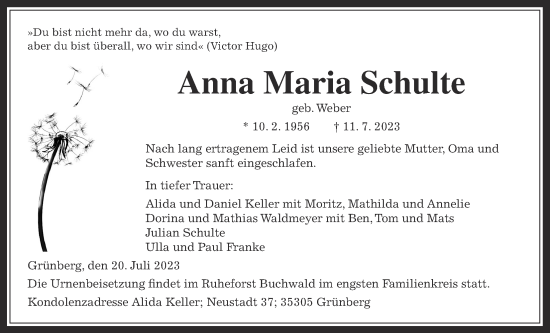 Traueranzeige von Anna Maria Schulte von Giessener Allgemeine, Alsfelder Allgemeine, Heimatzeitung Grünberg + Laubach