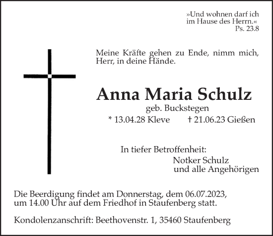 Traueranzeige von Anna Maria Schulz von Giessener Anzeiger, Giessener Allgemeine, Alsfelder Allgemeine