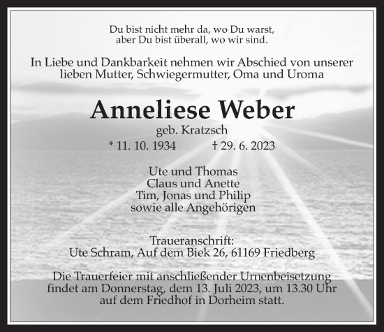 Traueranzeige von Anneliese Weber von Wetterauer Zeitung