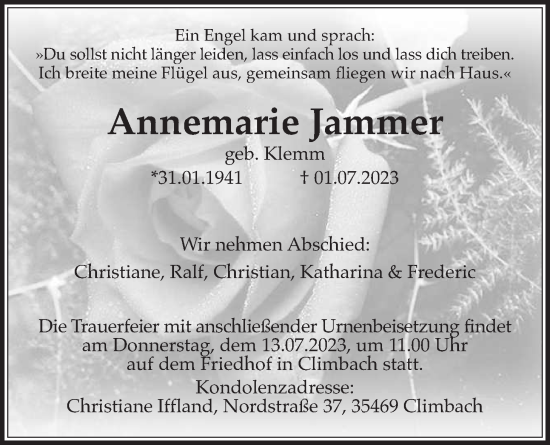 Traueranzeige von Annemarie Jammer von Allendorfer Mitteilungen
