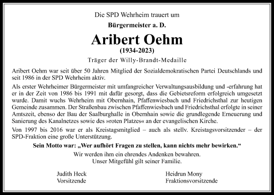 Traueranzeige von Aribert Oehm von Usinger Anzeiger