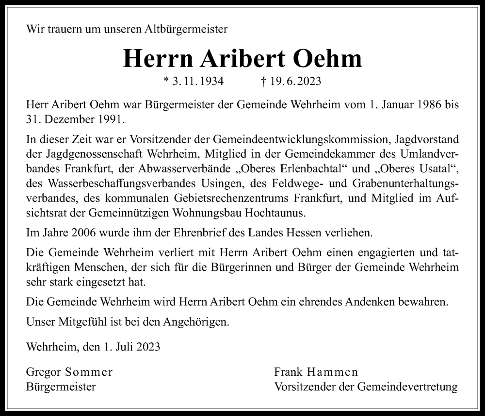  Traueranzeige für Aribert Oehm vom 01.07.2023 aus Usinger Anzeiger