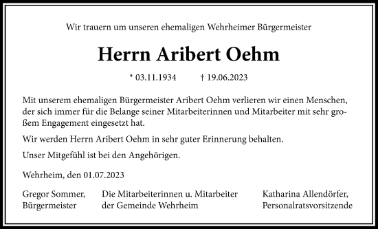 Traueranzeige von Aribert Oehm von Usinger Anzeiger