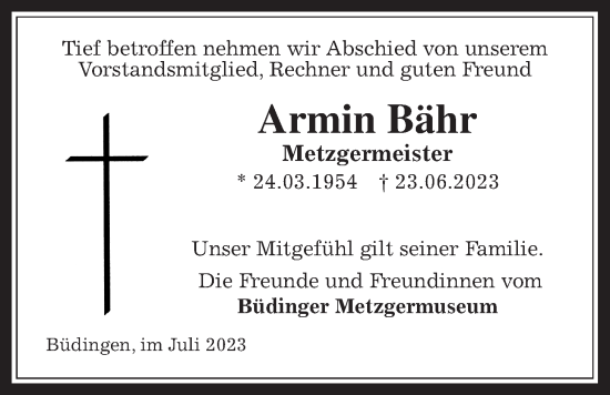 Traueranzeige von Armin Bähr von Kreis-Anzeiger