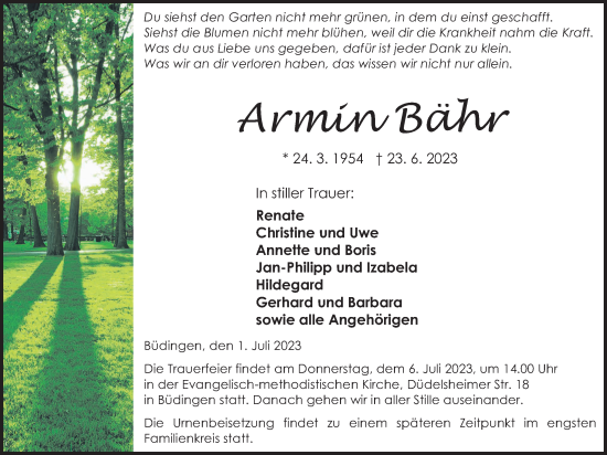 Traueranzeige von Armin Bähr von Kreis-Anzeiger