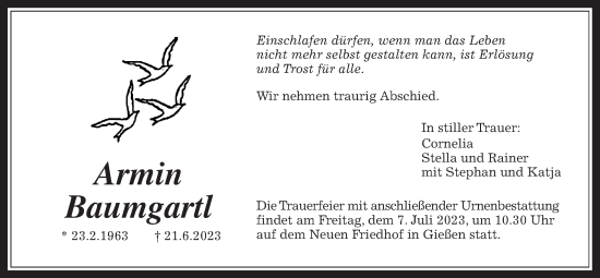 Traueranzeige von Armin Baumgartl von Wetterauer Zeitung, Giessener Allgemeine, Alsfelder Allgemeine